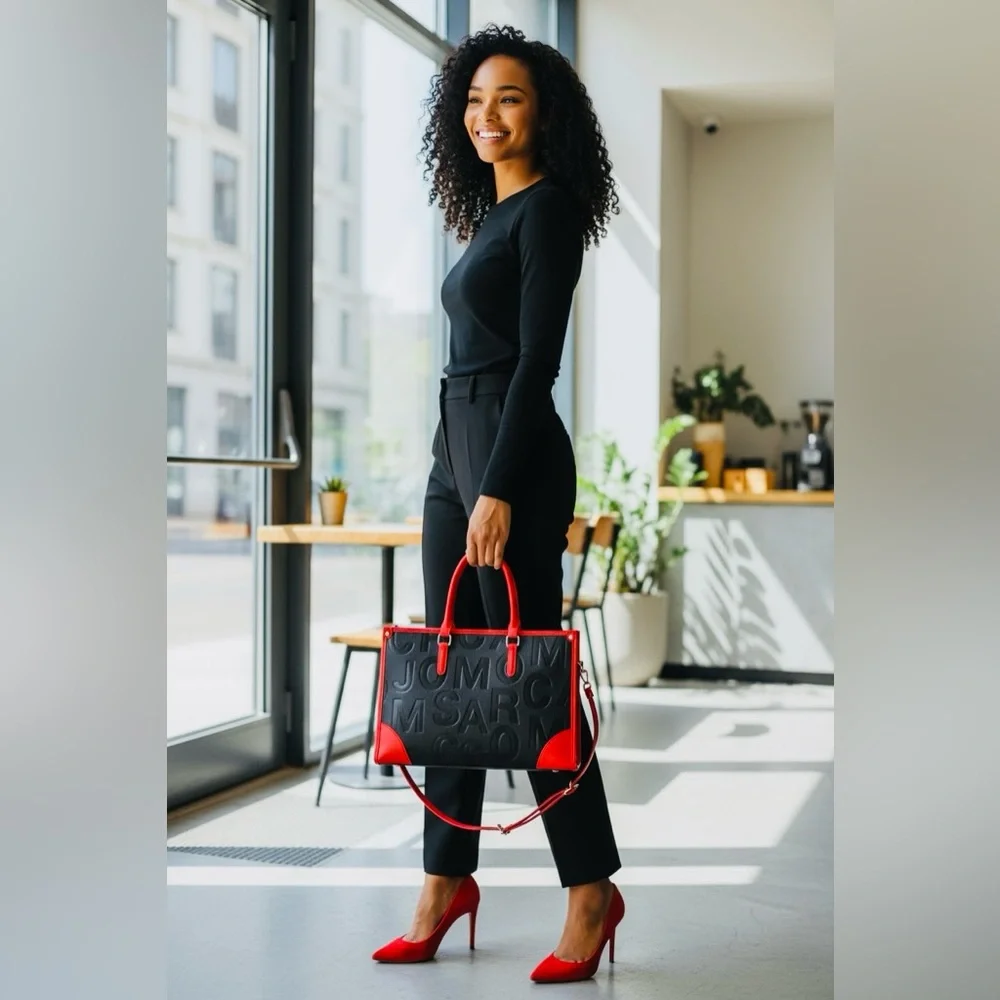 PURSE: Black/Red Geometric Embossed Lettering & Painted Edging Tote, NWOT